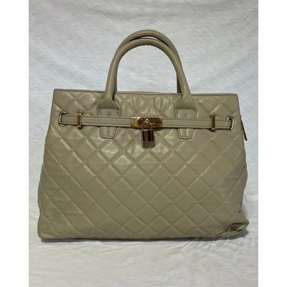 Studio Badgley Mischka Quilted Taupe Satchel Padlock Large Tote Handbag
